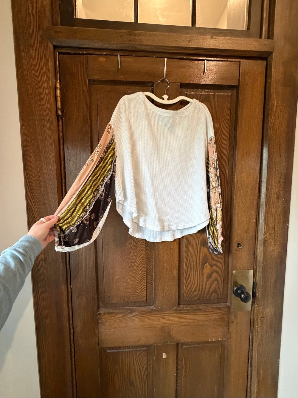 We The Free White Waffle Knit Top with Multicolor Printed Balloon Sleeves